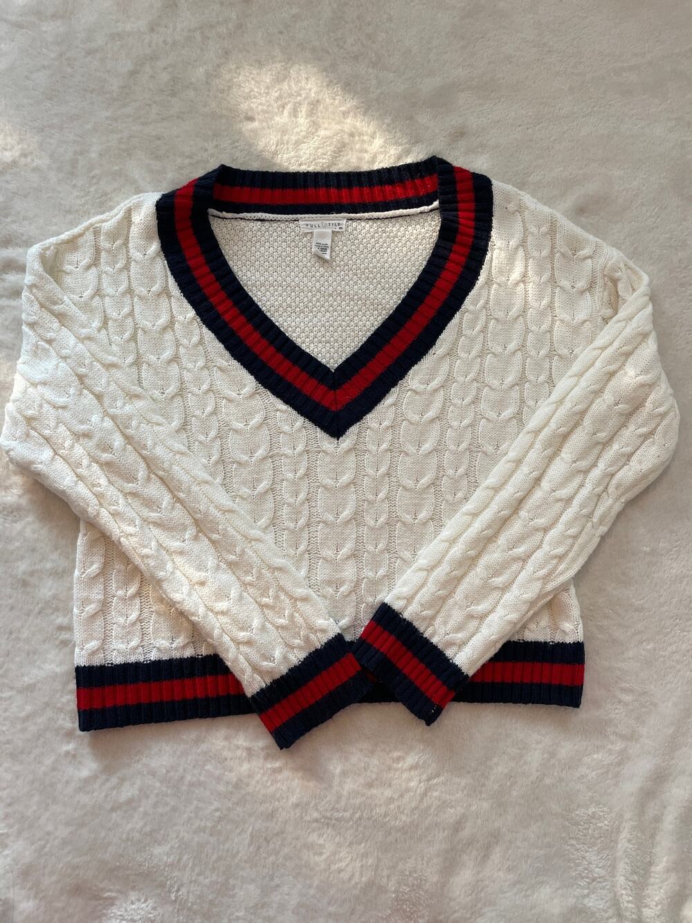 Copied - Full Tilt v neck sweater, size medium. Cream with navy and red.
